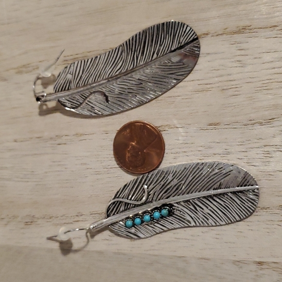 Silver tone feather earrings with faux turquoise stones pierced earrings - Picture 4 of 5